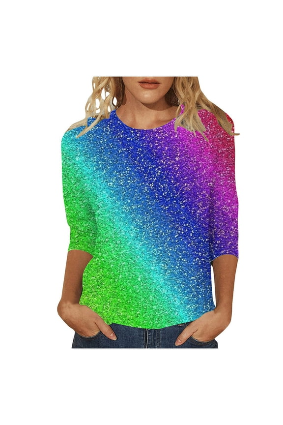 Women Sequin Top 3/4 Length Sleeve Crewneck Glitter Sparkly Loose Fit Dressy Blouse Tees for Holiday Evening Party Lightweight Shiny Blouses Multicolour XXL
