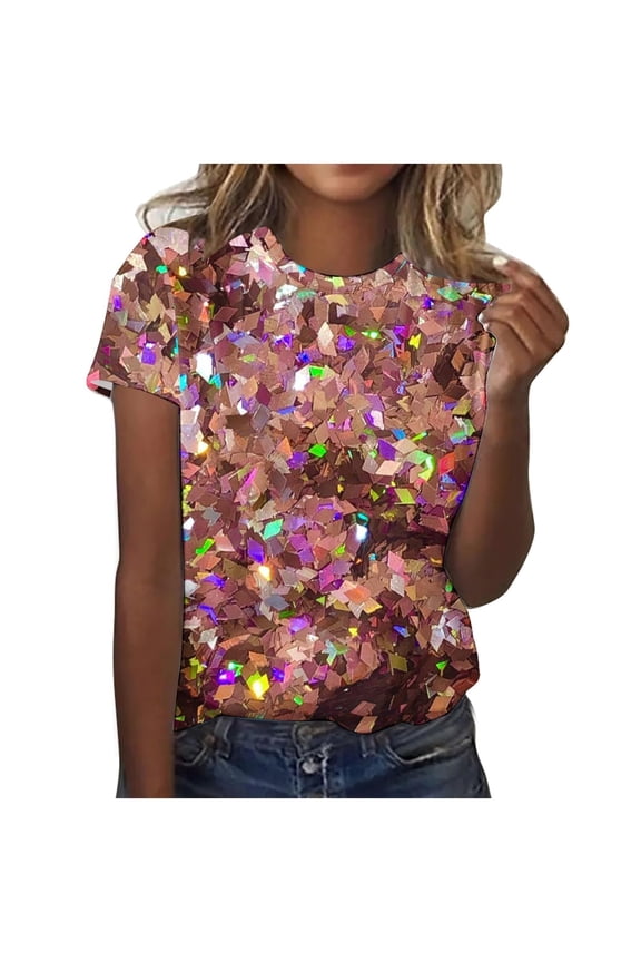 Women Sequin Top Short Sleeve Crewneck Glitter Sparkly Shiny Dressy T Shirts for Holiday Evening Party Lightweight Loose Fit Clubwear Blouses Gold XXL