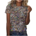 thumbnail image 1 of HOWPAY Women Sequin Top Short Sleeve Crewneck Glitter Sparkly Shiny Dressy T Shirts for Holiday Evening Party Lightweight Loose Fit Clubwear Blouses Grey XS, 1 of 5