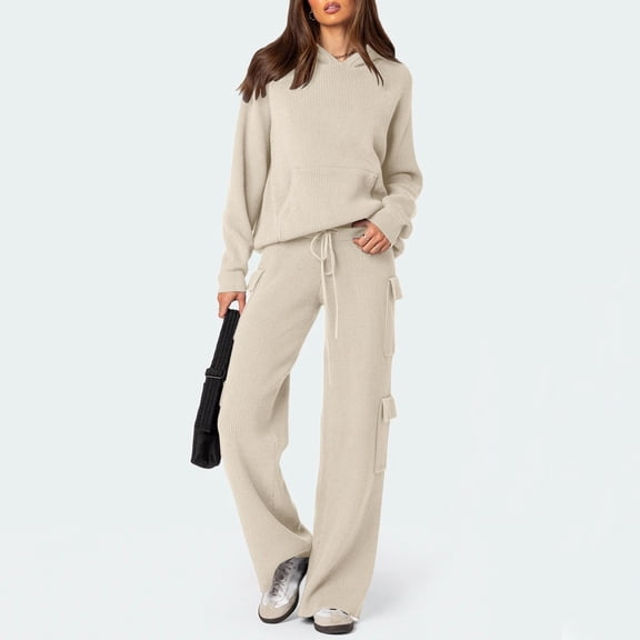 HOWPAY Women Sweater Set 2 Piece Solid Color V Neck Long Sleeve Knitted Sweater Top Wide Leg Pants Sweatsuits Casual Cozy Lounge Sets Beige S