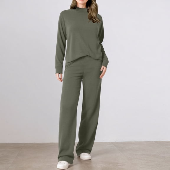 HOWPAY Women Sweater Set Long Sleeve Knitted Pullover Sweater Tops Solid Color Wide Leg Pants Sweatsuits Casual Loose 2 Piece Fall Outfits Grey M