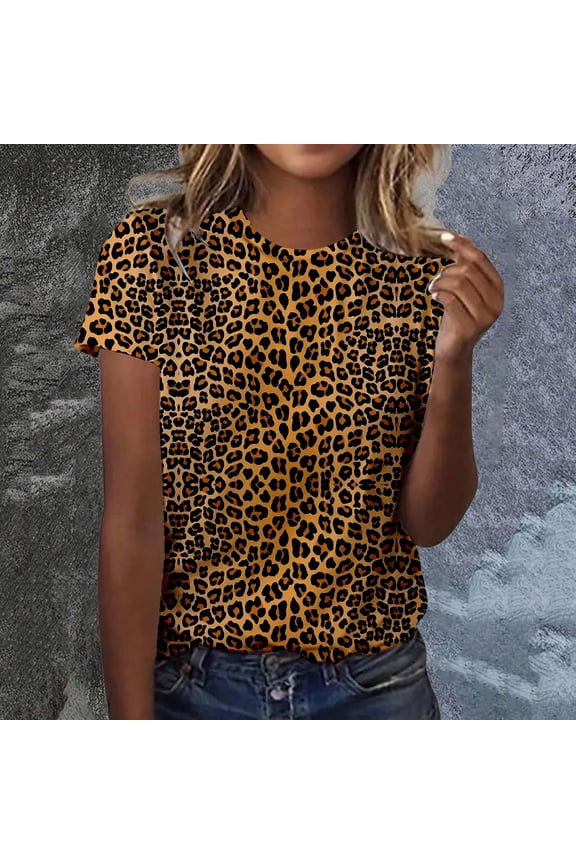 Women T Shirt Leopard Print Short Sleeve Crew Neck Tee Tops Casual Loose Fit Vintage T Shirts Summer Lightweight Y2K Streetwear Gold XXL