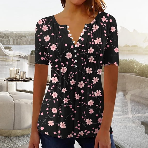 HOWPAY Women T Shirt Short Sleeve Floral Print V Neck Tees Casual Loose Fit Vintage Boho Pullover Oversized Summer Y2K Clothes Black XXL