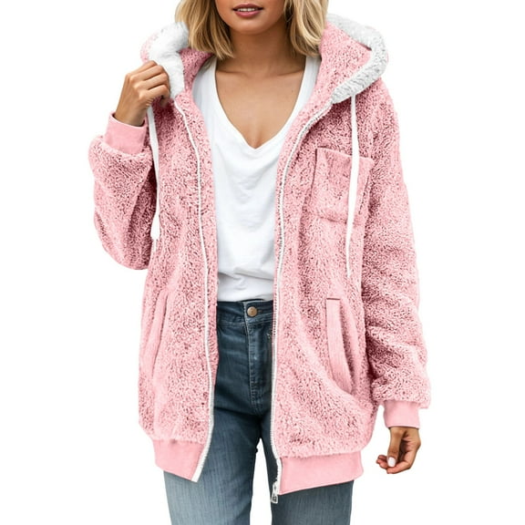 HOWPAY Women Winter Coats Fuzzy Casual Hooded Jacket Zip up Long Sleeve Solid Color Outerwear with Pockets Chunky Overcoat Oversized Warm Soft Clothes Pink S