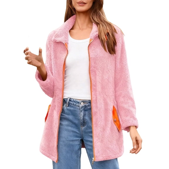 HOWPAY Women Winter Coats Fuzzy Casual Lapel Jacket Zip up Outerwear with Pockets Long Sleeve Solid Color Comfy Chunky Overcoat Oversized Warm Soft Clothing Pink L