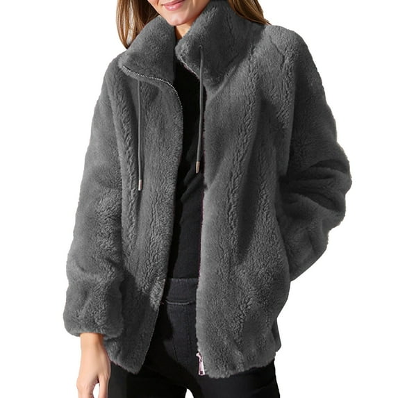 HOWPAY Women Winter Coats Oversized Fuzzy Jacket Lapel Long Sleeve Zip up Solid Color Outerwear with Pockets Casual Warm Cozy Slouchy Overcoat Grey XXL