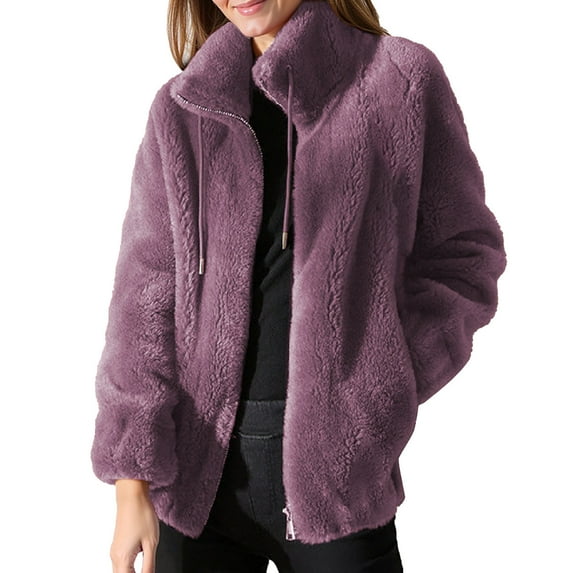 HOWPAY Women Winter Coats Oversized Fuzzy Jacket Lapel Long Sleeve Zip up Solid Color Outerwear with Pockets Casual Warm Cozy Slouchy Overcoat Purple XL