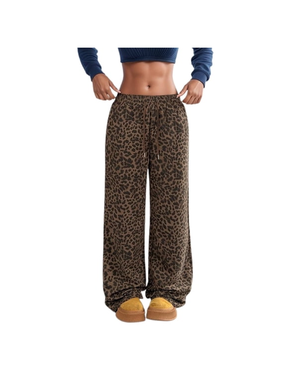 Women's Leopard Cheetah Print Pants Wide Leg Elastic High Waisted Drawstring Baggy Sweatpants with Pockets Lounge Y2k Trousers Brown XL