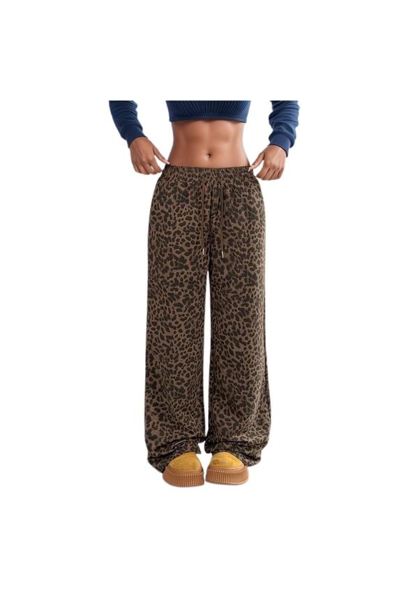 Women's Leopard Cheetah Print Pants Wide Leg Elastic High Waisted Drawstring Baggy Sweatpants with Pockets Lounge Y2k Trousers Brown XXL