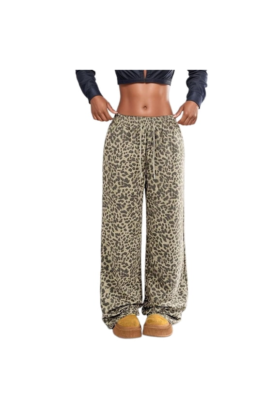 Women's Leopard Cheetah Print Pants Wide Leg Elastic High Waisted Drawstring Baggy Sweatpants with Pockets Lounge Y2k Trousers Khaki L