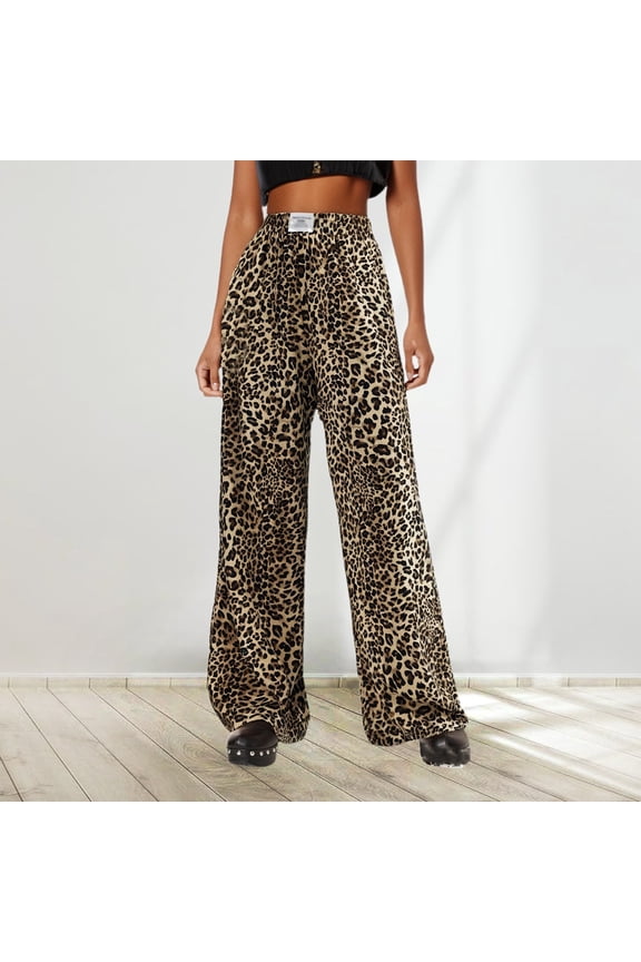 Women's Sweatpants High Waisted Leopard Print Straight Leg Track Pants with Pockets Stretch Workout Casual Loose Fit Lounge Pants Coffee L