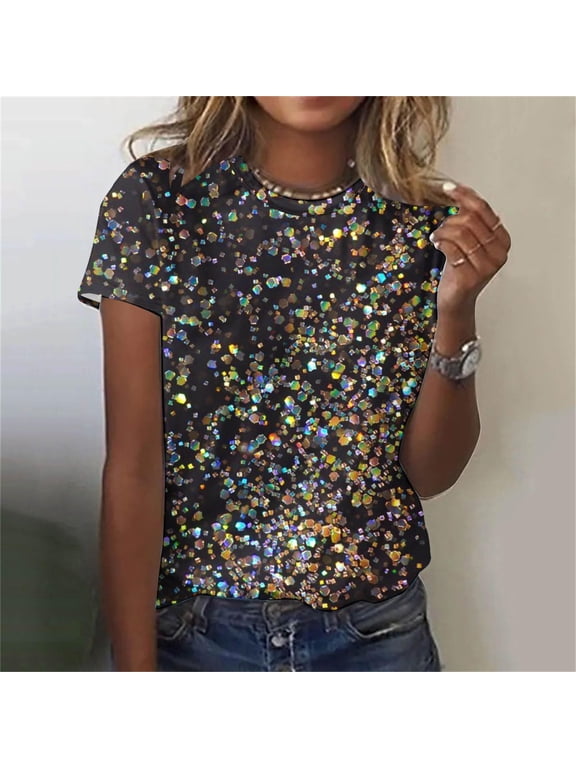 Women's Tops Summer Shinny Glitter Print Party Club Shirt Short Sleeve Crewneck Blouses Tops Lightweight Loose Fit Casual Tshirt Pink S