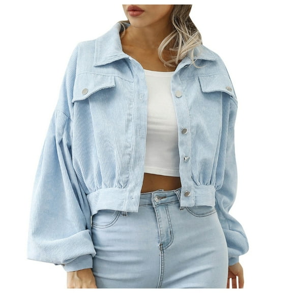 HOWPAY Womens Barn Jacket Button down Oversized Lapel Collar Vintage Coats with Pockets Long Sleeve Solid Color Fall Winter Clothes Casual Outerwear Blue L