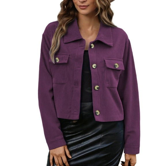 HOWPAY Womens Barn Jacket Cropped Button down Lapel Collar Long Sleeve Coats Vintage Solid Color Casual Outerwear with Pockets Fall Winter Clothes Purple L