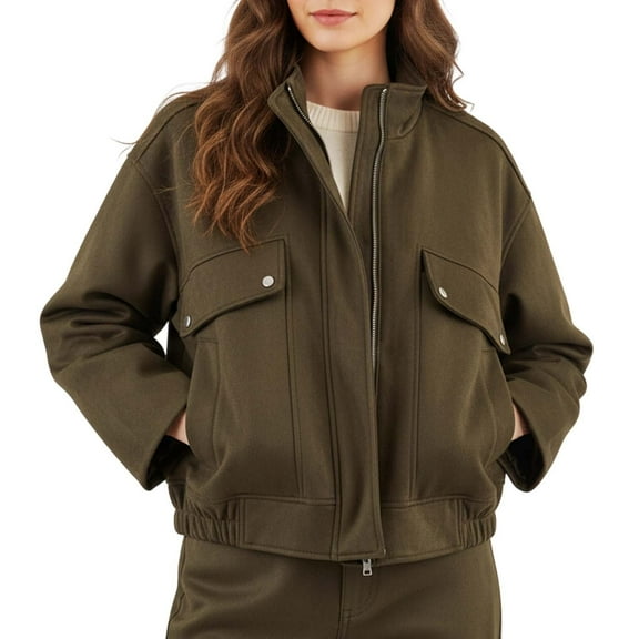 HOWPAY Womens Barn Jacket Oversized Button down Lapel Collar Long Sleeve Coat with Pockets Vintage Solid Color Casual Outerwear Fall Winter Clothes Green L