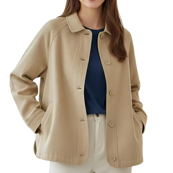 HOWPAY Womens Barn Jacket Oversized Button down Lapel Collar Long Sleeve Shacket Coats with Pockets Vintage Solid Color Fall Winter Clothes Casual Outerwear Beige L