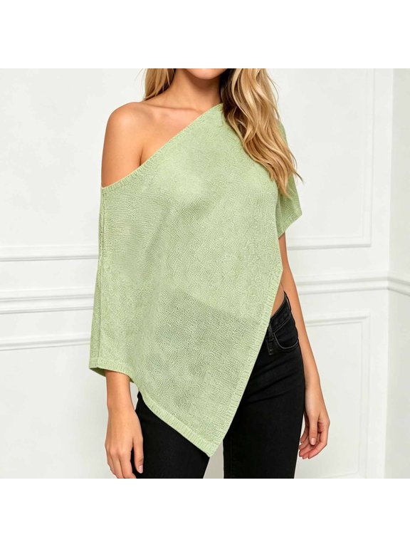 Womens Beach Cover up off the Shoulder Lightweight Loose Fit Crochet Mesh Poncho Top Summer Y2k Solid Color Shawl Wrap Green M