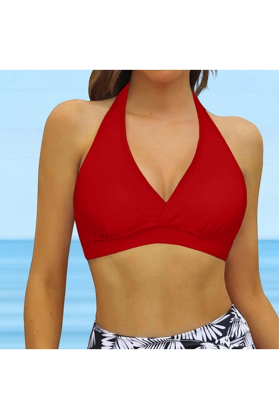 Womens Bikini Top Full Coverage Push up Supportive Swimwear Backless V Neck Bathing Suit Tops Only Sports Lightweight Summer Swim Bra Red L