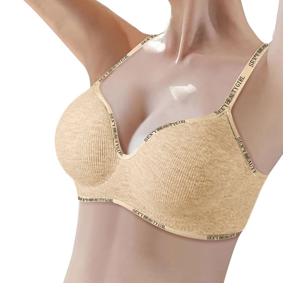 HOWPAY Womens Bras Wireless Push up No Underwire Full Coverage V Neck Sports Bralettes With Support Breathable Soft Lightweight T-Shirt Bras Beige 36
