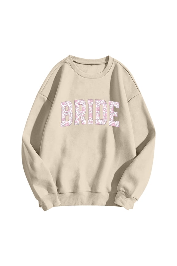 Womens Bride Letter Print Hoodies Long Sleeve Fall Winter Pullover Tops Bachelorette Gift Sweatshirts For Bridal Hoodies Beige S