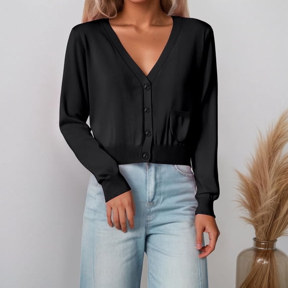 HOWPAY Womens Cardigan Sweaters Button up V Neck Long Sleeve Solid Color Casual Jacket Knit Cable Lightweight Soft Loose Y2K Fall Outfits Black L