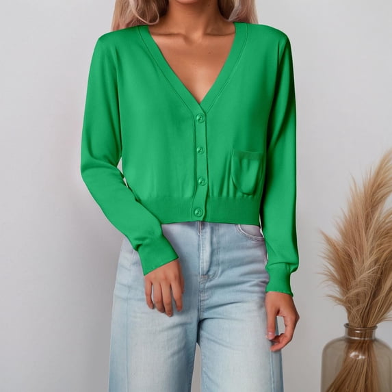 HOWPAY Womens Cardigan Sweaters Button up V Neck Long Sleeve Solid Color Casual Jacket Knit Cable Lightweight Soft Loose Y2K Fall Outfits Green XL