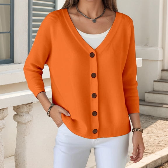 HOWPAY Womens Cardigan Sweaters Crew Neck Button up Long Sleeve Solid Color Outerwear Classic Casual Soft Loose Y2K Fall Clothes Orange XXXXXL