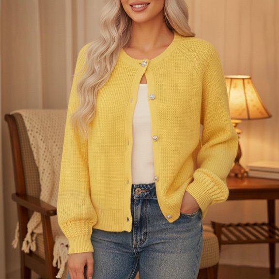 HOWPAY Womens Cardigan Sweaters Long Sleeve Crew Neck Button down Outerwear Solid Color Classic Casual Soft Loose Y2K Fall Clothes Yellow XL