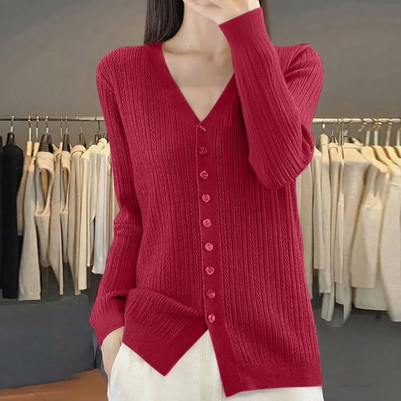 HOWPAY Womens Cardigan Sweaters Oversized Long Sleeve Solid Color Button down Coat Casual Soft V Neck Loose Lightweight Y2K Fall Clothes Red M