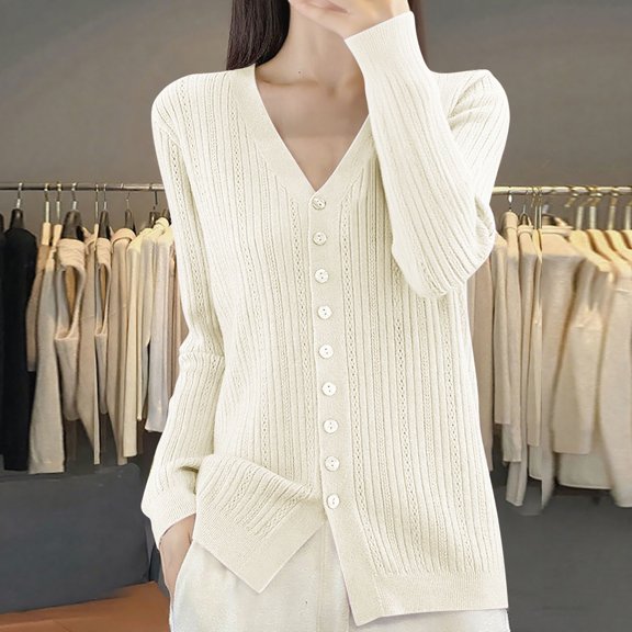 HOWPAY Womens Cardigan Sweaters Oversized Long Sleeve Solid Color Button down Coat Casual Soft V Neck Loose Lightweight Y2K Fall Clothes White L