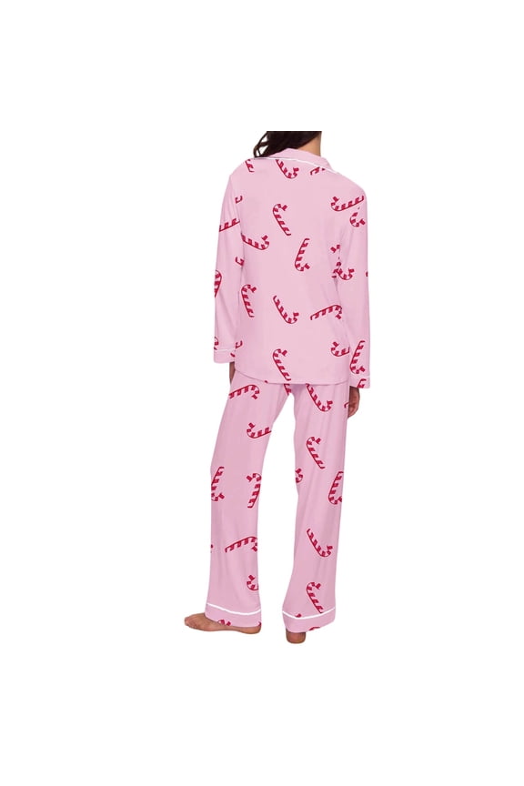 Womens Christmas Pajamas Set Candy Cane Print Pocketed Pj Set Loose Fit Long Sleeve Xmas Tops and Pants Soft Fall 2 Piece Loungewear Pink L