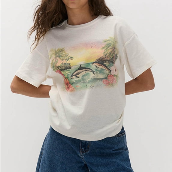HOWPAY Womens Graphic T Shirts Short Sleeve Crew Neck Tee Tops Casual Loose Fit Vintage T Shirts Summer Lightweight Y2K Streetwear Beige XXL