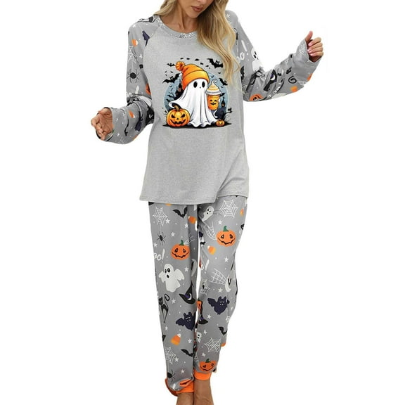 HOWPAY Womens Halloween Pajamas Set Relaxed Fit Casual Ghost Pumpkin Printed Long Sleeve Tops With Pants Outfits Soft Lightweight Loungewear 2 Piece Pjs Set Grey L