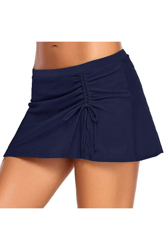 Womens High Waisted Split Swim Skirt Sporty Drawstring Bikini Bottom with Built-In Tummy Control Quick Dry Beach Cover Up Dark Blue S
