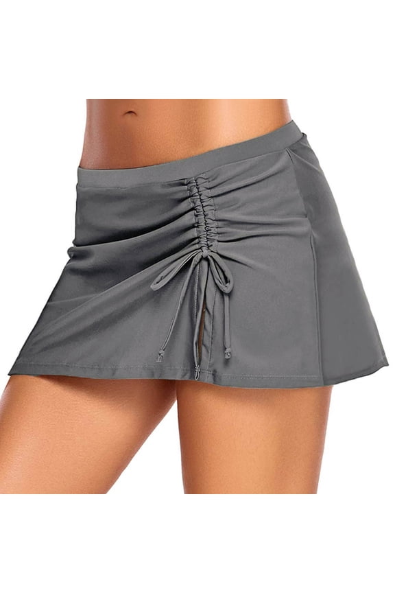 Womens High Waisted Split Swim Skirt Sporty Drawstring Bikini Bottom with Built-In Tummy Control Quick Dry Beach Cover Up Grey M