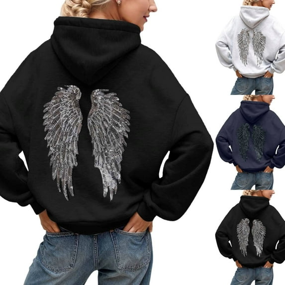HOWPAY Womens Hoodies Sparkly Angel Wings Casual Pullover Long Sleeve Sweatshirt Kangaroo Pocket Drop Shoulder Vintage Loose Fit Sweater Black XXXL