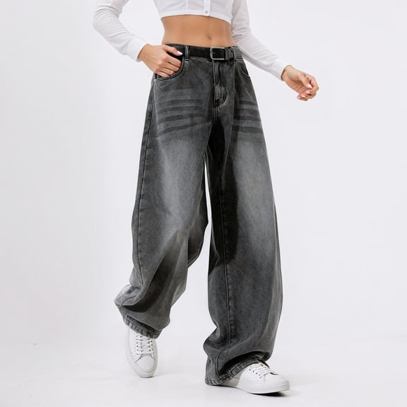 HOWPAY Womens Jeans Wide Leg High Waisted Boyfriend Denim Pants with Pockets Button Relaxed Casual Stretchy Comfort Straight Leg Baggy Jeans Grey XXXL