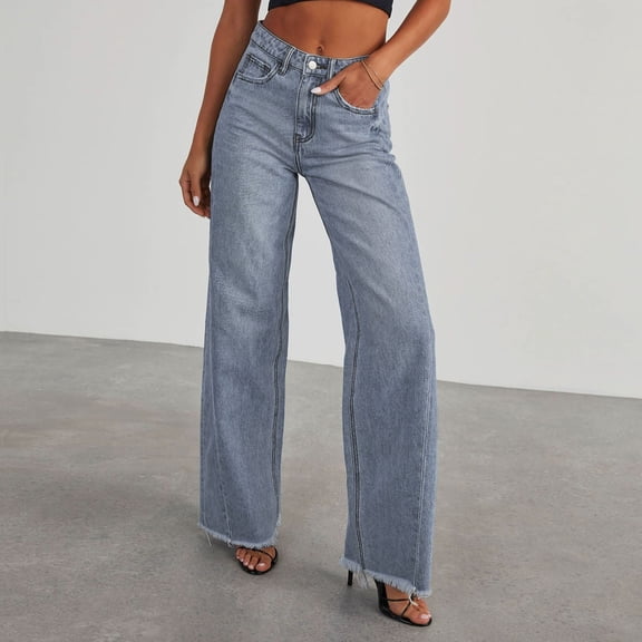 HOWPAY Womens Jeans Wide Leg High Waisted Boyfriend Denim Pants with Pockets Solid Color Casual Stretchy Streetwear Straight Leg Baggy Jeans Light Blue S