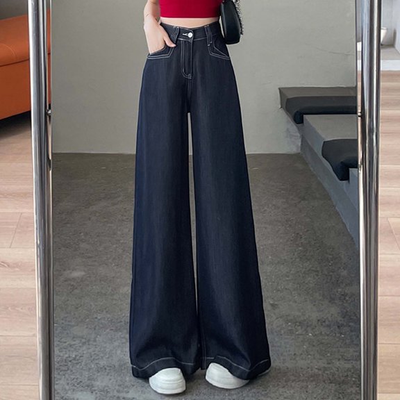 HOWPAY Womens Jeans Wide Leg High Waisted Button Stretchy Denim Pants with Pockets Straight Leg Comfort Vintage Streetwear Baggy Jeans Blue L