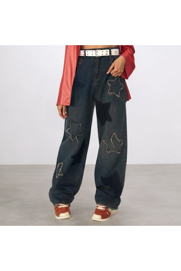 Womens Jeans Wide Leg High Waisted Ed Stretchy Loose Denim Pants with Pockets Straight Leg Boyfriend Streetwear Baggy Jeans BU1 M