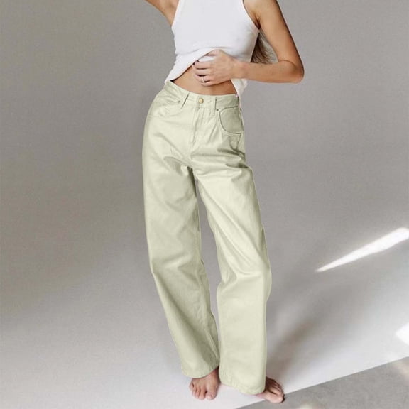 HOWPAY Womens Jeans Wide Leg High Waisted Stretchy Boyfriend Relaxed Denim Pants with Pockets Straight Leg Casual Streetwear Baggy Pants Gold M