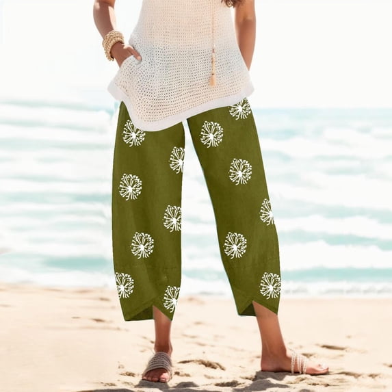 HOWPAY Womens Linen Pants Casual Relaxed Fit Wide Leg High Waist Elastic Ankle Length Trousers with Pockets Floral Print Summer Baggy Pant Green L