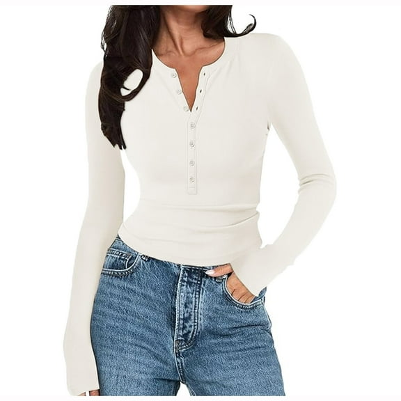 HOWPAY Womens Long Sleeve Shirts Henley T Shirts Slim Fit Base Layering Tight Thermal Undershirts Solid Color Button down Stretchy Tee Casual Going Out Fall Outfits Beige L