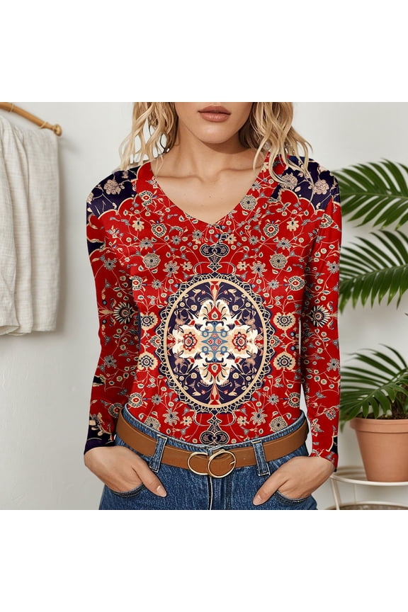 Womens Long Sleeve T Shirts Graphic V Neck Shirts Basic Casual Loose Fit Tunic Tops Vintage Oversized Cozy Soft Fall Clothes Red S