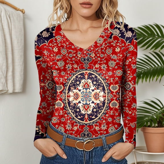 HOWPAY Womens Long Sleeve T Shirts Graphic V Neck Shirts Basic Casual Loose Fit Tunic Tops Vintage Oversized Cozy Soft Y2K Clothes Red XXXL