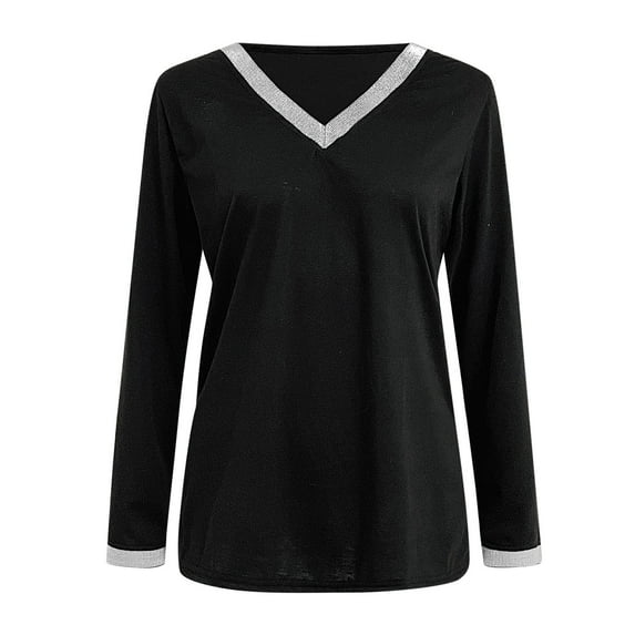 HOWPAY Womens Long Sleeve T Shirts Vintage Printed V Neck Tunic Tops Casual Loose Fit Basic T-Shirt Lightweight Comfy Soft Y2K Clothes Black L