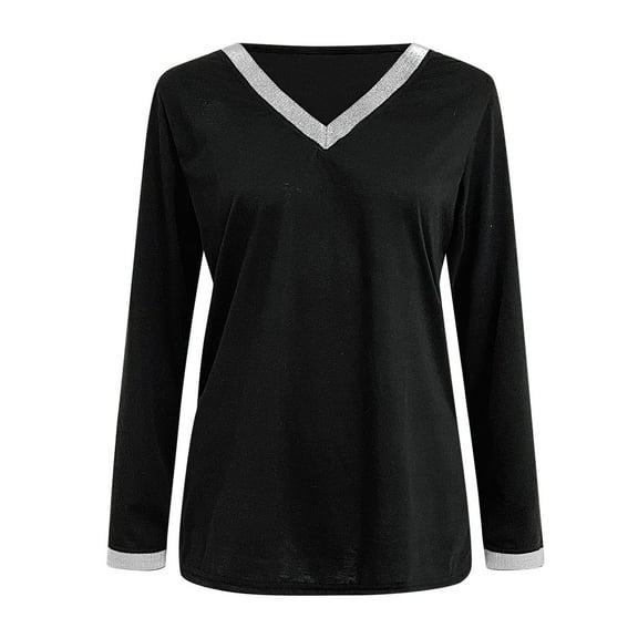 HOWPAY Womens Long Sleeve T Shirts Vintage Printed V Neck Tunic Tops Casual Loose Fit Basic T-Shirt Lightweight Comfy Soft Y2K Clothes Black L