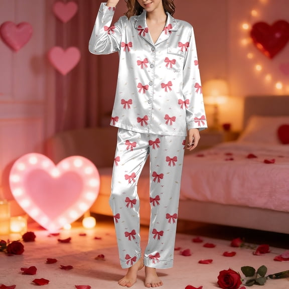 HOWPAY Womens Pajama Sets Bow Print Valentines Long Sleeve Button down Pajamas with Pants Loungewear Soft Comfy Causal 2 Piece Lounge Sets White L