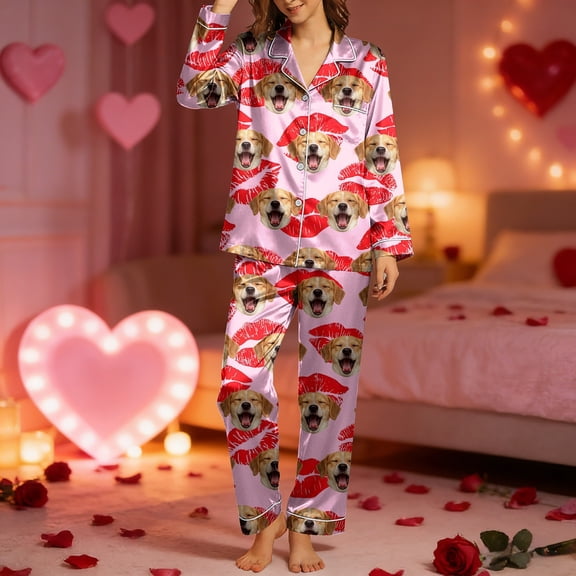 HOWPAY Womens Pajama Sets Valentines Customized Photo Personalized Face Long Sleeve Button down Lapel Shirt and Pants Sleepwear Comfy 2 Piece Pjs Sets Pink XL