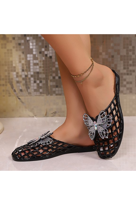 Womens Sandals Non Slip Flat Rhinestone Butterfly Closed Toe Slippers Mesh Hollow Casual Comforatable Summer Beach Slippers Black 36